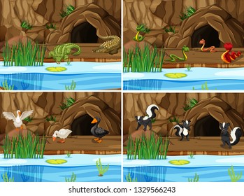 Set of nature swamp and animals illustration
