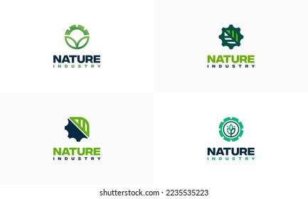 Set of Nature technology logo, leaf and gear machine vector, Agriculture logo template icon, Green Eco Tech Logo Template Design Vector, Nature Industry