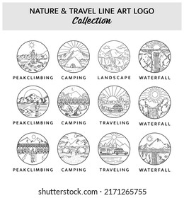 Set of nature and travel line art logo template design