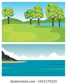 set of nature trees with mountains and bushes plants