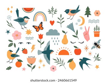 Set of nature vector design elements isolated on white background. Birds, floral and flower elements, fruit, insects and weather elements.