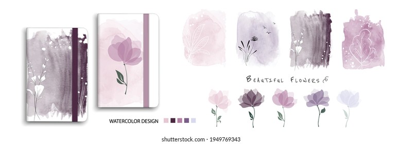 Set of nature watercolor art with beautiful flowers