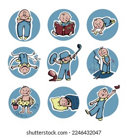 Set naughty kid in different emotions and situations in round scenes as stickers