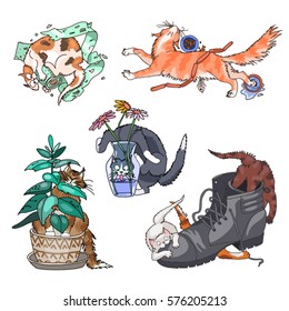 Set of naughty playful cats making mess. Kittens, maine coons, grey and tricolor cats chew houseplants, toilet paper and boots, shed water and steal food. Vector illustration isolated on white.