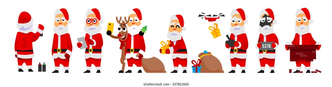 Set of naughty/quirky/cool/tired Santa Claus. Vector illustration in cartoon style.
