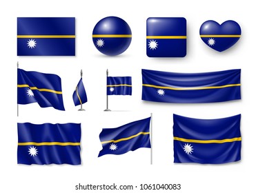 Set Nauru realistic flags, banners, banners, symbols, icon. Vector illustration of collection of national symbols on various objects and state signs