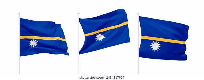 Set of Nauru waving flag on flagpole. Realistic 3d design flag flies on the wind on isolated white background. vector illustration