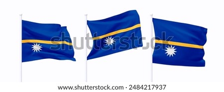 Set of Nauru waving flag on flagpole. Realistic 3d design flag flies on the wind on isolated white background. vector illustration