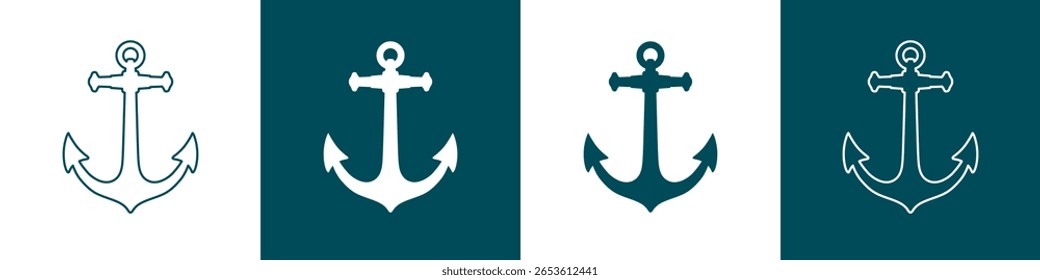 Set of nautical anchor icons in flat and line art stiles. Sea anchor with outline and silhouette of icon design templates. Vector Illustration