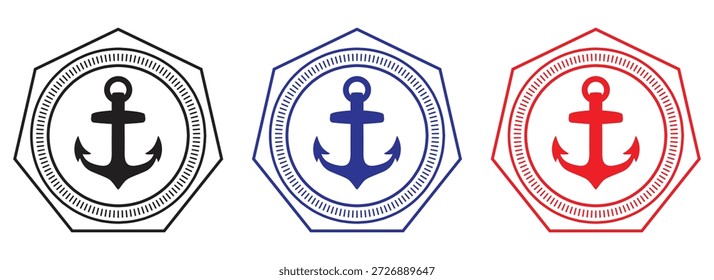 Conjunto de logotipos de ancla náutica en colores negro, azul y rojo