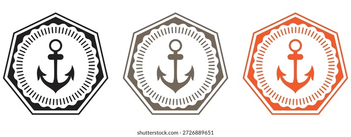 Set nautischer Ankerlogos in den Farben Schwarz, Grau und Orange