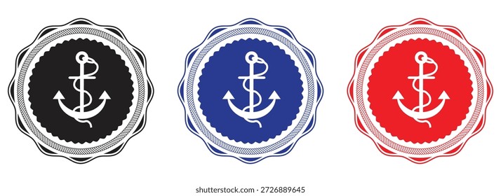 Set of nautical anchor seals in black, blue, and red colors