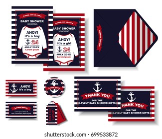 Set of Nautical baby shower party invitation card.Marine style.Navy,Red,White Color tone Vector/Illustration