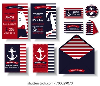 Set Of Nautical Baby Shower Party Invitation Card.Marine Style.Navy,Red,White Color Tone Vector/Illustration