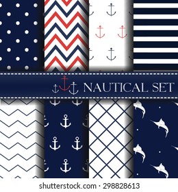 Set Of  Nautical Backgrounds. Sea. Marine  Theme. Vector Seamless Patterns Collection.