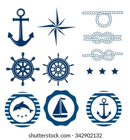 Set of nautical badges and labels. Vector Collection of various nautical elements for design and page decoration. Summer holidays, travel, vacation, adventure labels template set. Nautical decoration.