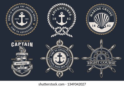 Set of nautical badges with steering wheel, anchor, seashell on a dark background. The text for each badge is on a separate group