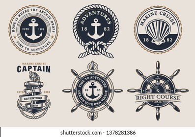 Set of nautical badges with steering wheel, anchor, seashell on the light background. The text for each badge is on a separate group.