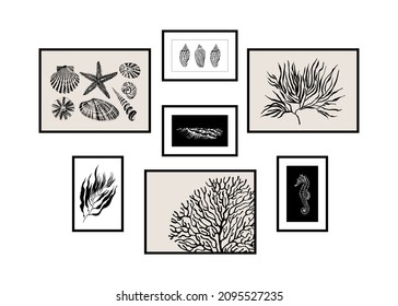 Set of nautical black and white illustrations concept composition for photo wall.