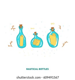 Set of nautical bottles in a doodle style