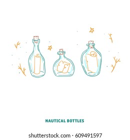 Set of nautical bottles in a doodle style