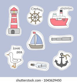 Set of Nautical cartoon stickers. Vector hand drawn objects and symbols collection. Label design elements. Cute patches, pins, badges series. Comic style. Vector illustration.