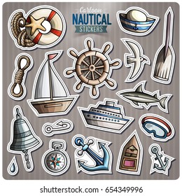 Set of Nautical cartoon stickers. Vector hand drawn objects and symbols collection. Label design elements. Cute patches, pins, badges series. Comic style.