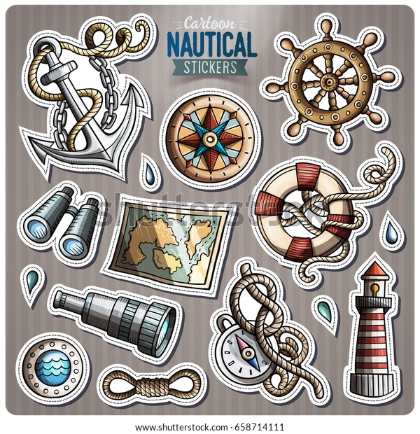 Set Nautical Cartoon Stickers Vector Hand: стоковая векторная графика ...