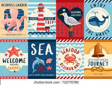 Set of nautical colorful banners and posters with sea wildlife for restaurants and journeys isolated vector illustration