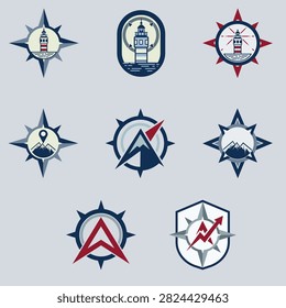 Set of Nautical Compass and Mountain Adventure Logos for Travel and Exploration