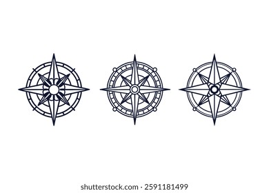 Set of nautical compass silhouette vector line art illustration transparent white background