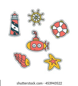 set of nautical cute patch isolated on white background