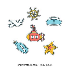 set of nautical cute patch isolated on white background