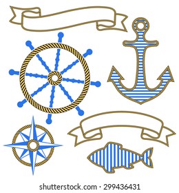  	 Set of nautical design elements. Anchor, steering wheel, compass, fish, ribbons circled the rope. Vector illustration.