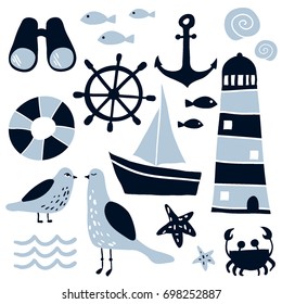Set of nautical design elements: anchor, starfish, wheel, boat, fish,  lifebuoy, lighthouse, crab, seagull. Cartoon nautical icons. Cute sea objects collection.  Hand drawn vector illustration.