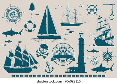 Set of nautical design elements, sailing ships, yachts, wind roses and skull. Vector illustration.