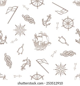 Set Of Nautical Design Elements, Seamless Pattern.