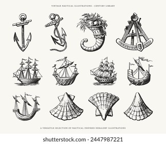 Set of Nautical Design Elements - Ships, Anchor, and Shells