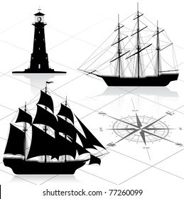 Set of nautical design elements.  Vector illustration. All images could be easy modified.