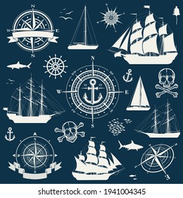 Set of nautical design objects, sailing ships, yachts, compasses