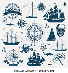 Set of nautical design objects, sailing ships, yachts, compasses