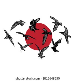 Set of nautical design of ocean emblem with seagulls bird flock at sunset. Stroke drawing of flying sea gull. Inspirational concept for skin ink tattoo of sea birds. Tropical exotic nature sea