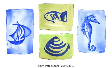 Set of nautical design. Watercolor. Vector