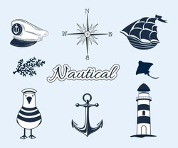A set of nautical doodles. Lighthouse and ship. A collection of stickers for nautical-themed designs.