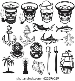 Set of nautical elements. Anchor, fish, shark, ship, octopus. Sailors skulls. Images for logo, label, emblem, sign, poster. Vector illustration.