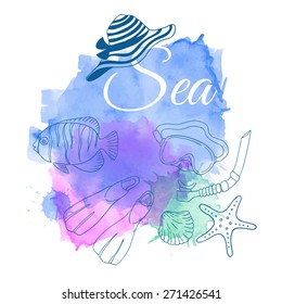 Set of nautical elements and banner. Blue vector marine background. Watercolor illustrations.