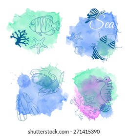 Set of nautical elements and banners. Blue vector marine background. Watercolor illustrations.