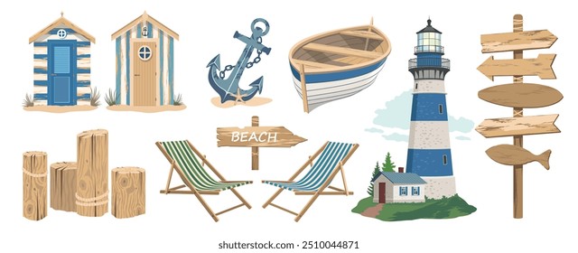 A set of nautical elements. A coastal scene with a lighthouse and boats. An empty beach sign with arrows. A sea anchor with a chain. Houses on the coast with a wood texture and faded paint. 