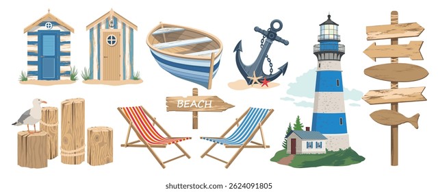 A set of nautical elements. A coastal scene with a lighthouse and boats. An empty beach sign with arrows. A sea anchor with a chain. Houses on the coast with a wood texture. Hand draw no ai