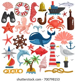 Set of nautical elements including ship, sailboat, anchor, knot, lighthouse, birds and sea life isolated vector illustration